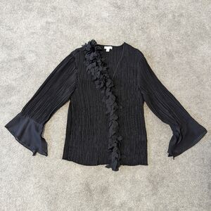 Jaipur Ruffle Pleated Bell Sleeve Blouse Size Medium Black
